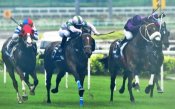 Ready To Strike (middle) bursts through between Lizarre and Better Life (red blinkers)<br>Photo by Singapore Turf Club